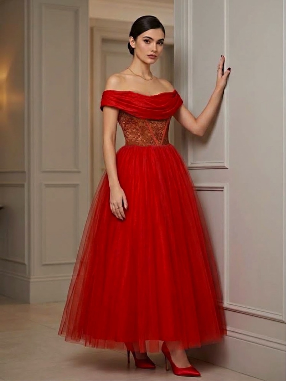 Rare 1950s Red Lace & Tulle Gala Ball Gown XS Authentic Vintage Old Hollywood